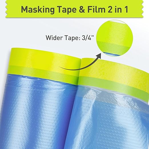 Pre-Taped Masking Film for Painting - 22" x 66' Painters Plastic Sheeting with Automotive Paint Tape and Drape for Covering Cars, Walls, Windows and Furniture Protection (4 Rolls)