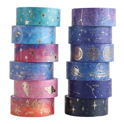 12 Rolls Galaxy Washi Tape Set, Gold Foil Decorative Masking Tape for Scrapbooking, Bullet Journal, Planner, DIY Crafts, Gift Wrapping