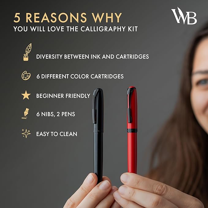Wordsworth and Black Calligraphy Pen Set - Black - Includes 2 Calligraphy Pens, 18 ML Ink Bottle, 60 Ink Cartridges, Ink Refill Converter, 1 Medium and 4 Broad Nibs, Brush Pen