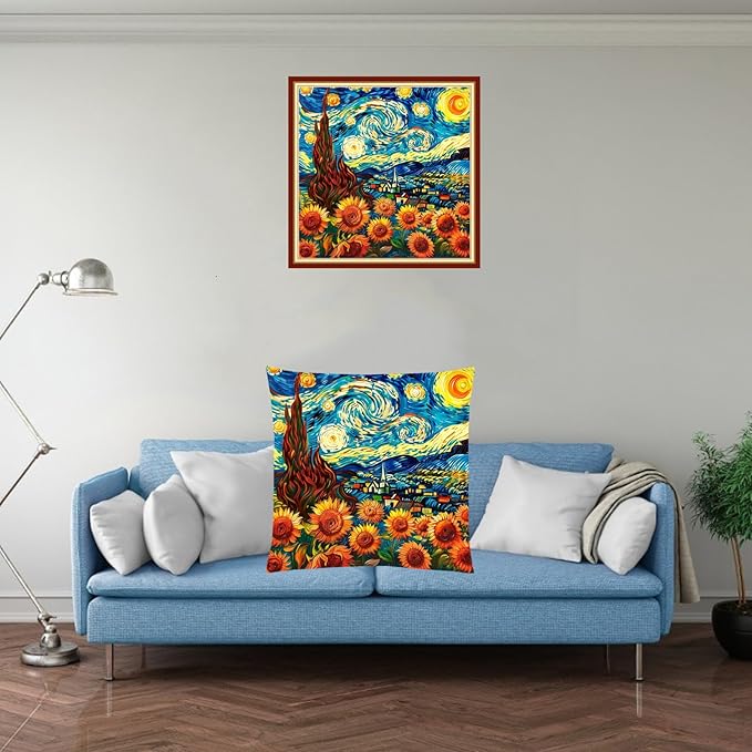 Fanxvivy Stamped Cross Stitch Kits for Adults Beginners Pillow Needlepoint Kit with Embroidery Pattern Needlework Kit Prestamped Stitches Kit 11CT Cross Stitching-Van Gogh Sunflowers 18x18 inch