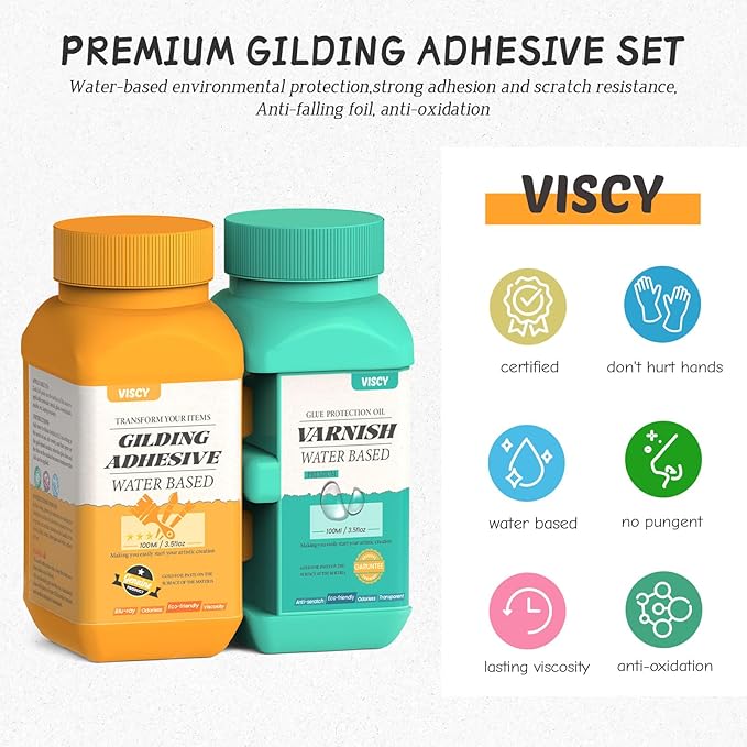 Gold Leaf Adhesive, Gilding Adhesive Set with 100ml Water Based Metal Leaf Glue and 100ml Varnish, 100 pcs Foil, 2 Brushes, Foil Wiping Cotton, for Arts, Crafts and Painting.