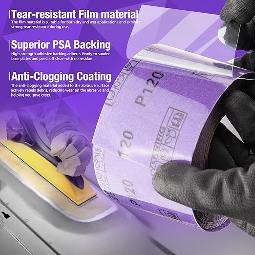 120 Grit PSA Purple Film Ceramic Sandpaper Roll, 2-3/4" Wide Continuous 10 Yard Longboard Sanding Roll Wet Dry Sanding Blocks Self Adhesive Sticky Back Sanding Sheets for Woodworking Automotive