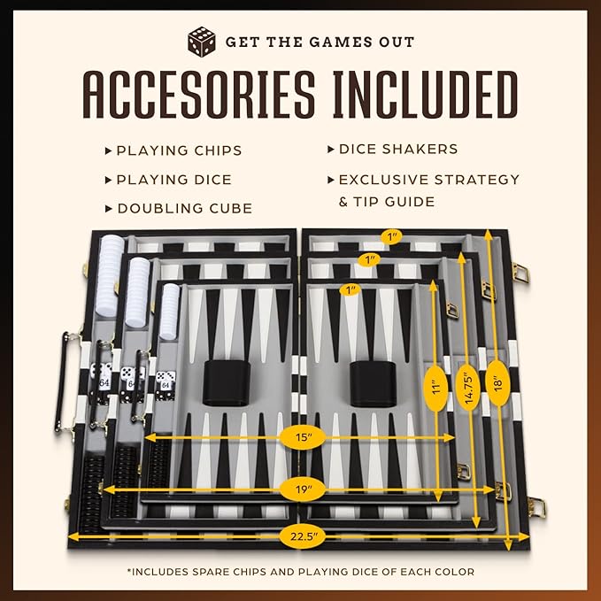 Get The Games Out Top Backgammon Set - Classic Board Game Case - 2 Players - Best Strategy & Tip Guide - Available in Small, Medium and Large Sizes (Black, Medium)