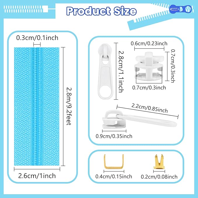 DOITEM 15.3 Yards/ 14 m 5 Pieces Assorted Colors #3 Nylon Coil Zippers, Sewing Zippers Endless Zips with 20 Pieces Zipper Sliders Zip Heads for DIY Sewing Tailor Craft Supplies (Blue White)
