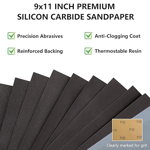 180 Grit Sandpaper, 9 x 11 Inch Wet Dry Sand Paper Hand Abrasive Sanding Sheets for Wood Metal Automotive Sanding and Polishing, Coarse - 10 Sheets