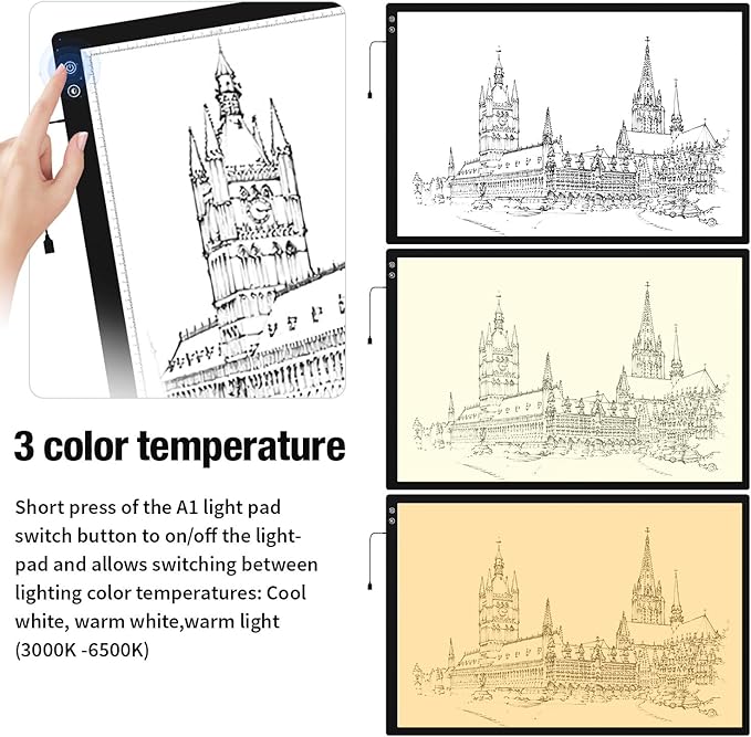 Zocelight A1(35.4''x 23.6'') Large Rechargeable Light Pad for Diamond Painting,6 Levels & Stepless Dimming Light Box for Tracing,3-Color Modes Light Board,Built-in 6000mAh Battery Light Table for Art