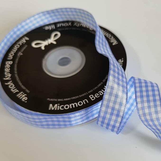 Light Blue Gingham Plaid Checked Ribbon 25 Yard Each Roll 100% Polyester (5/8", Light Blue)