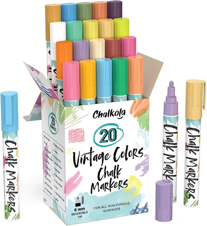 Liquid Chalk Markers for Chalkboard Erasable (20 Vintage Colors) - Bold Dry Erase Marker Chalk Pens for Blackboard, Windows, Bistro, Glass - 6mm Reversible Tip