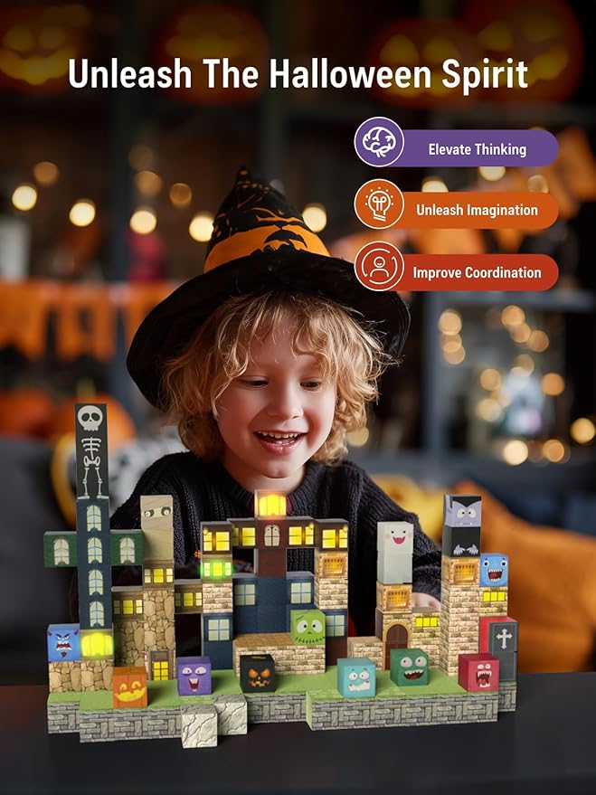 Magnetic Blocks -137PCS Lights Halloween Building Blocks,World Magnetic Tiles Kids Build Cubes 3+,STEM Toys for 3-5 4-8 5-7 Year Old Boys,Sensory Creative Activities Birthday Gift