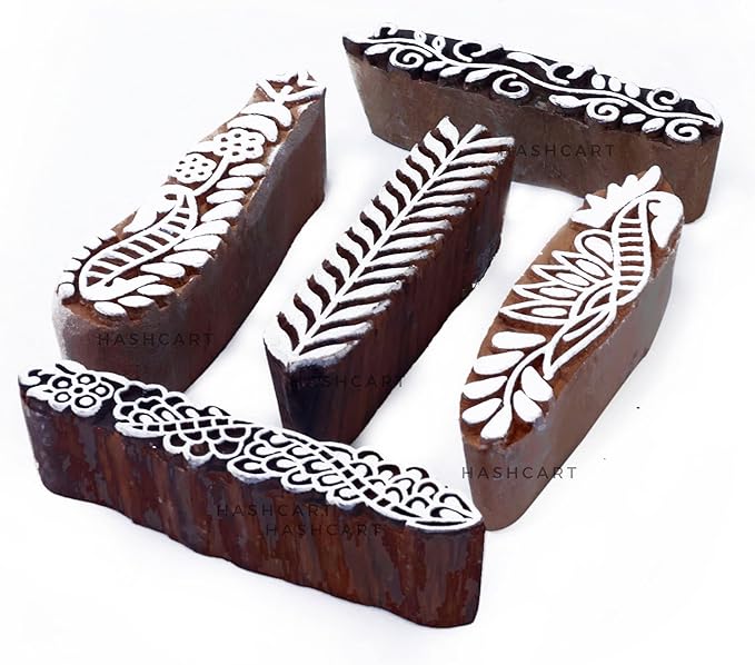HASHCART® Pottery Printing Blocks Stylish Border Pattern Wooden Stamps (Set of 5) Handcarved Indian Textile Printing Blocks, Wooden Clay Stamps for Crafting on Fabric, Card