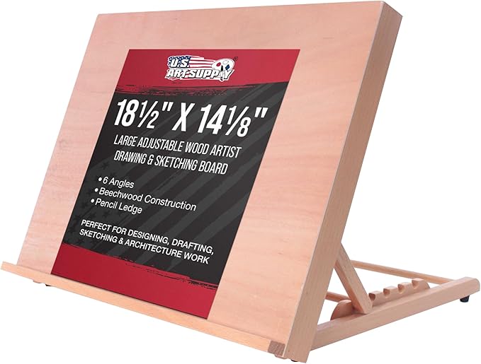 U.S. Art Supply Large 18-1/2" x 14-1/8" (A3) Adjustable Wood Art Drawing Board - 6 Angles, Beechwood Construction, Pencil Ledge - Perfect for Designing, Drafting, Sketching & Architecture Work