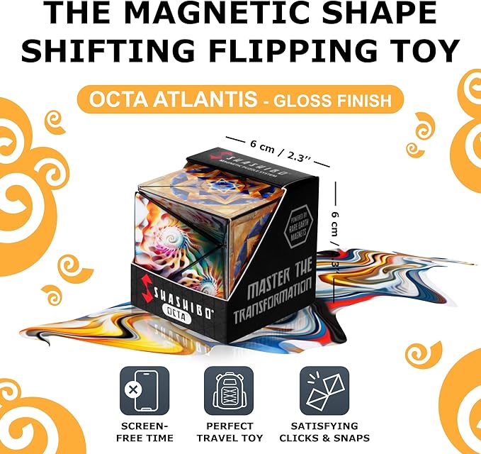 Shashibo OCTA Shape Shifting Sensory Fidget Toy – Magnetic STEM Brain Teaser Game Gift for Smart Kids 8-12, Teens and Adults with endless shape possibilities – Pairs All Shashibo Cubes (Atlantis)