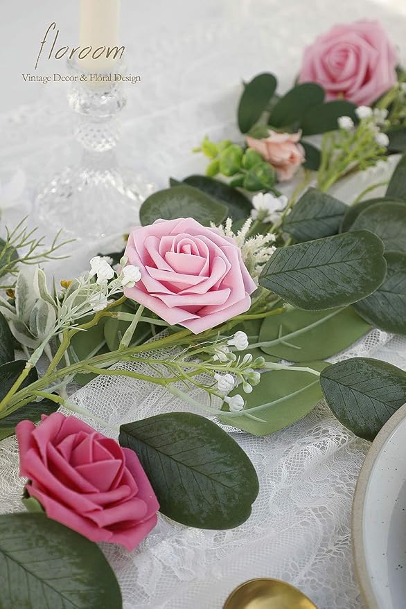 Floroom Artificial Flowers 25pcs Real Looking Blush Pink Ombre Colors Foam Fake Roses with Stems for DIY Wedding Bouquets Bridal Shower Centerpieces Floral Arrangements Party Tables Home Decorations