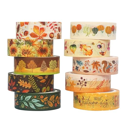 YUBBAEX 10 Rolls Four Seasons Washi Tape Set Yellow Leaves & Flowers Masking Decorative Tapes (Autumn)