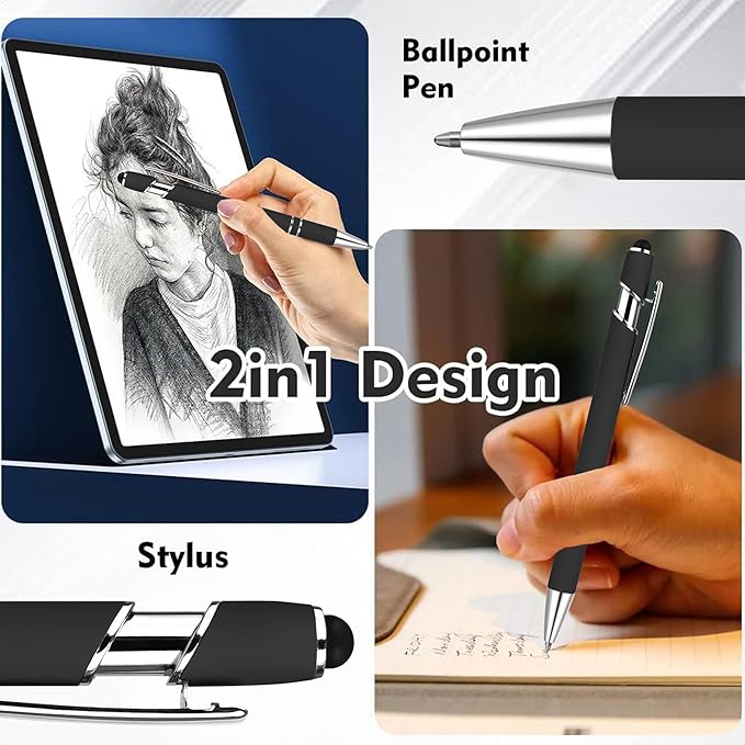 12 PCS 2 in 1 Stylus Ballpoint Pen with Stylus Tip, 1.0 mm Black Ink Metal Pen Stylus Pen for Touch Screens (Silver & Black)