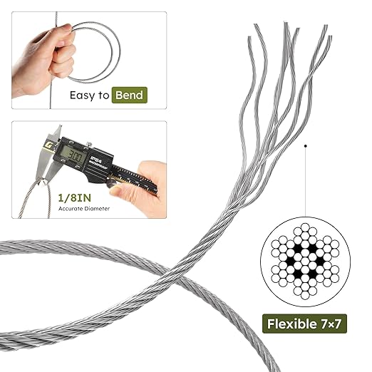 1/8 Inch Stainless Steel Cable Kit 100FT, 7 x 7 Strand Wire Rope with Aluminium Sleeves & Thimbles for Deck Railing, String Light Hanging, Shade Sail, Garden and DIY Projects