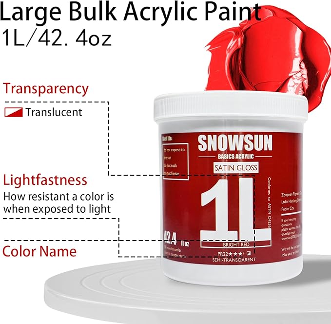 SNOWSUN Red Acrylic Paints, Large Bulk Heavy Body Acrylic Paint (42.4 oz, 1L) - Non Toxic Gloss Thick Art Paint for Multi-Surface, Canvas Wood Ceramic and Leather, Stone Craft, for Artists & Beginners