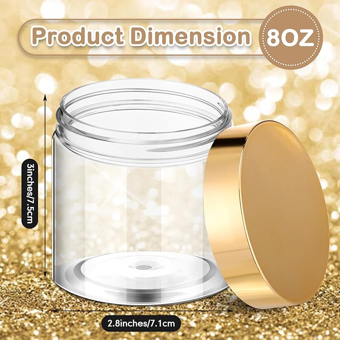 SATINIOR 12 Pack 8 oz Plastic Container Jars with Lids Round Clear Travel Cosmetic Container Slime Jars for Toiletries, Lotion, Cream, Ointments, Makeup, Rhinestone, Samples, Kitchen Storage(Gold)