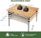 Bamboo Folding Camping Table 4 Folds with Adjustable Aluminum Legs Portable Picnic Table with Storage and Carry Bag for Outdoor Hiking Beach 3-5 Person