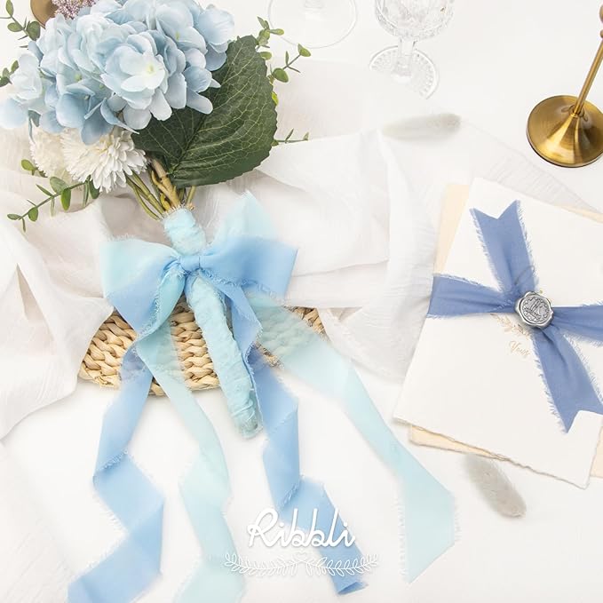 Ribbli Chiffon Ribbon 1.5 inch x 30 Yard Handmade Silk Ribbon,Light Blue/Baby Blue/Dusty Blue Fringe Chiffon Ribbon for Wedding Invitations, Bridal Bouquets Wrapping, Flower Arrangement Decoration