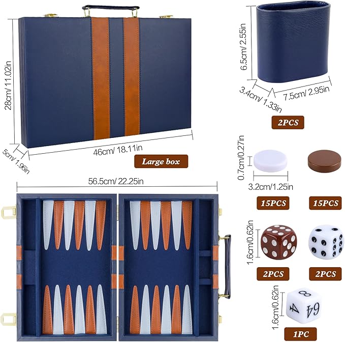 Backgammon Set 2 Players Classic Backgammon Sets for Adults Board Game with PU Leather Case Portable and Travel Backgammon Set (Navy, 18inch)