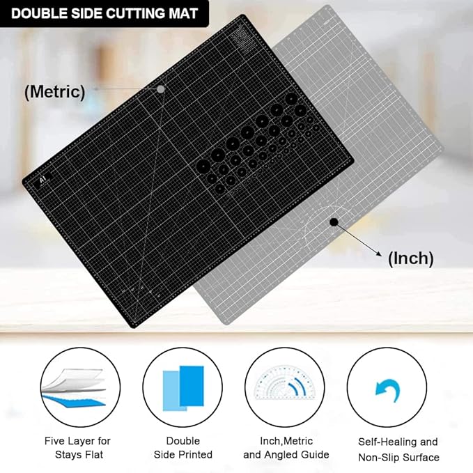 Headley Tools Thickened 24 x 36 Inch Self Healing Sewing Cutting Mat, A1 Rotary Cutting Sewing Mat for Crafts, Double Sided 5-Ply Table Cutting Board for Fabric Quilting Leather Hobby, Grey/Black