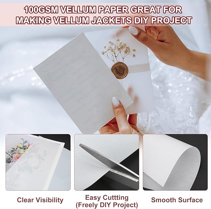 PATIKIL 30 Sheets Vellum Paper 8.5x11inches, Printable Translucent Paper 100GSM Colored for Invitations Laser Inkjet Printing Card Making Crafting Wedding Tracing, White