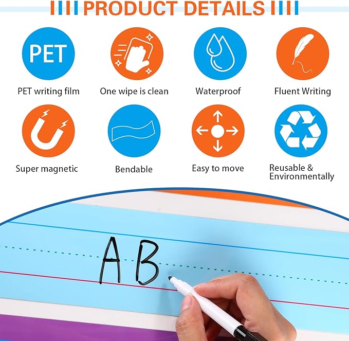 Faccito 12 Pieces Large Magnetic Sentence Strips 3 x 36 inch Dry Erase Sentence Strips Jumbo Multicolor Magnetic Handwriting Paper with Lines for Teacher Whiteboard Classroom School Supplies