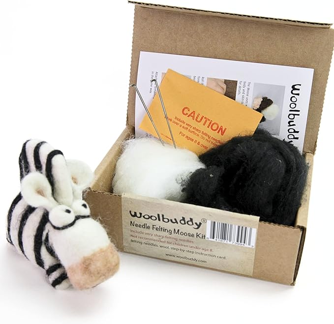 Woolbuddy Needle Felting Kit for Beginners & Adults – Zebra DIY Felt Animal Starter Kit with Natural Wool Roving, Felting Needles & Step-by-Step Instructions