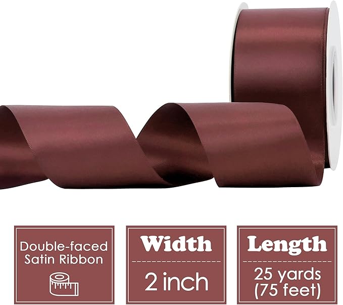 HUIHUANG Burgundy Ribbon 2 inch Double Side Burgundy Satin Fabric Ribbon for Crafts, Bows Making, Flower Bouquet Wrap, Gift Wrapping, Wedding Decor, Home Decor, Hairs-25 Yards/Roll