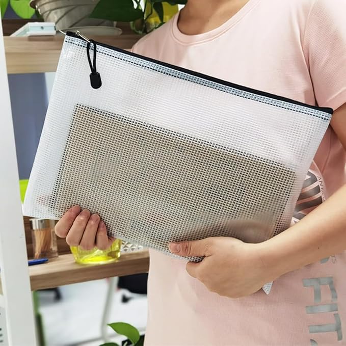 AUSTARK 20 Pcs Zipper File Bags, Plastic Mesh Pouch, Board Game Storage Bag, Waterproof Bags for Office School (A4 Size 13.4''x9.4'', White and Black)