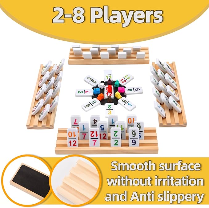 Mexican Train Dominoes Set Numbers and 8 Wooden Holders, Double 12 Travel Domino Train Game with 91 Colored Tiles and Protable Case, Number Domino Set for Kids, Adults Family Board Team Games