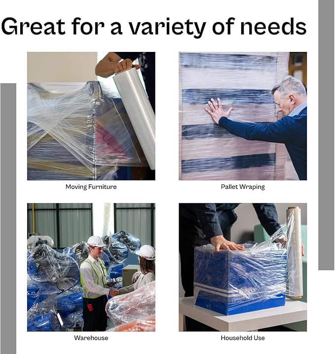 PSBM Stretch Wrap, 4 Pack, 15 Inch x 1500 Feet, 80 Gauge, Clear Plastic Cling, Cast Hand Stretch Film Rolls for Packaging Moving Packing Pallets