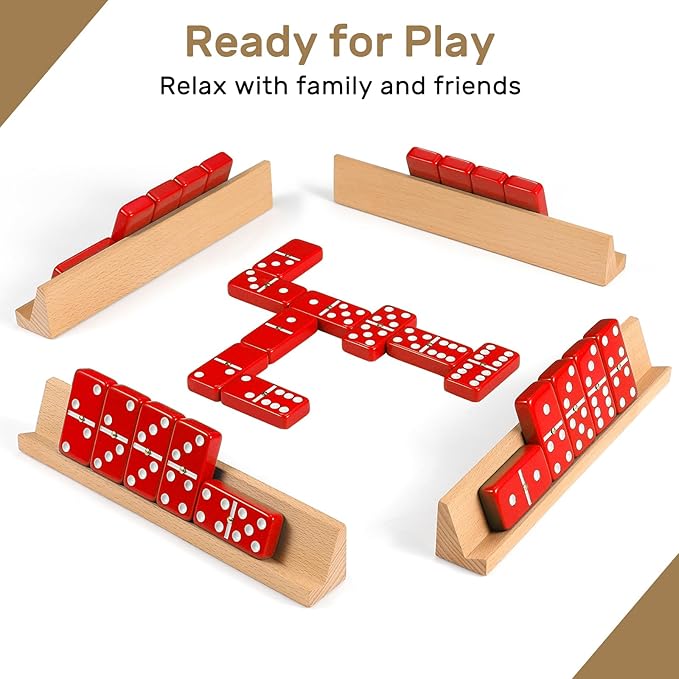Dominoes Set for Adults with 4 Wooden Racks/Trays, Double Six Dominoes Travel Set with Portable Case Double 6 Dominoes Set with 4 Tiles Holders, 28 Tiles Dominos Set for Family Board Games - Red