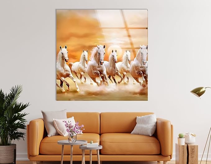 My Photostation.com Round 31,5'' White Horses Running on Sunset Glass Wall ArtTempered Glass Printing Wall Decor Large Wall Art Wall Hangings