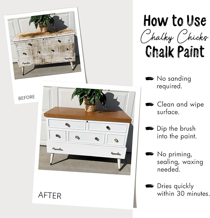 Chalky Chicks All-in-One Chalk Paint for Furniture or Cabinet - 16 Fl Oz - Matte Finish CottonTail White for Metal, Wood Furniture Paint - No Sanding All-in-One for Home Decor & Crafts, USA Made