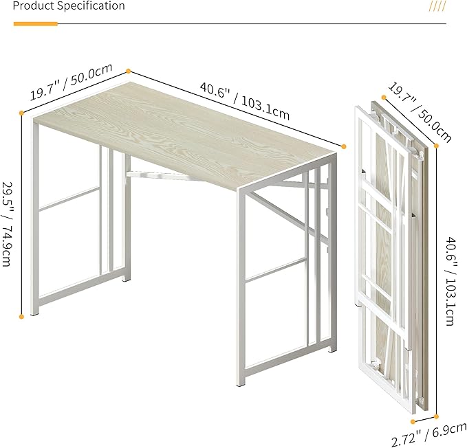 40 inch Folding Desk, Writing Gaming Computer Camping Desk, No Assembly Required Home Office Table, Natural and White