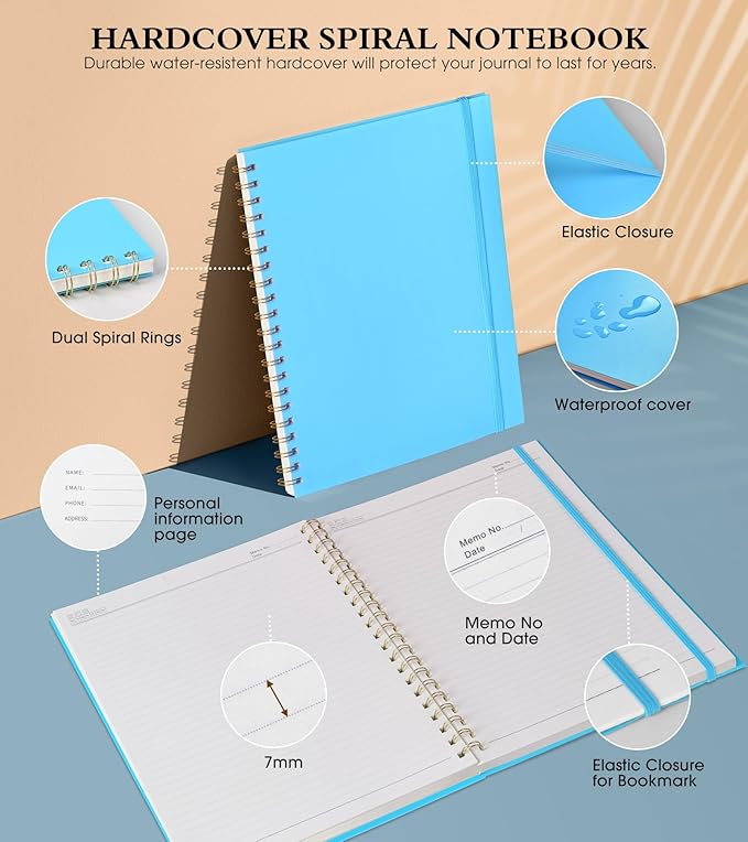 Spiral Notebook Journal 8.5” x 11”, Lined Notebooks for Women Men, A4 Large College Ruled Journal, 100 GSM Paper, Plastic Hardcover Spiral Bound Journals for Work School Business, Blue