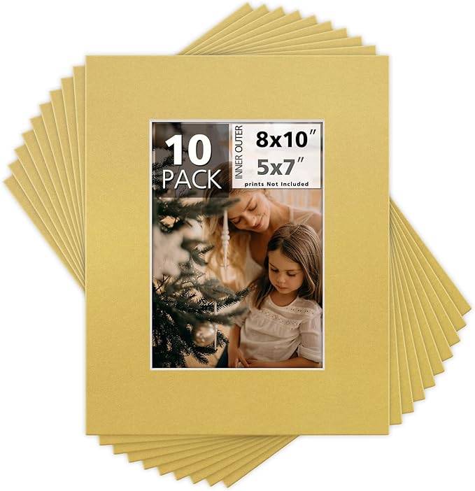 Mat Board Center, Pack of 10, 8x10 for 5x7 Old Gold Color Mats - Bevel Cut, Acid Free, 4-ply Thickness, White Core - for Pictures, Photos, Framing