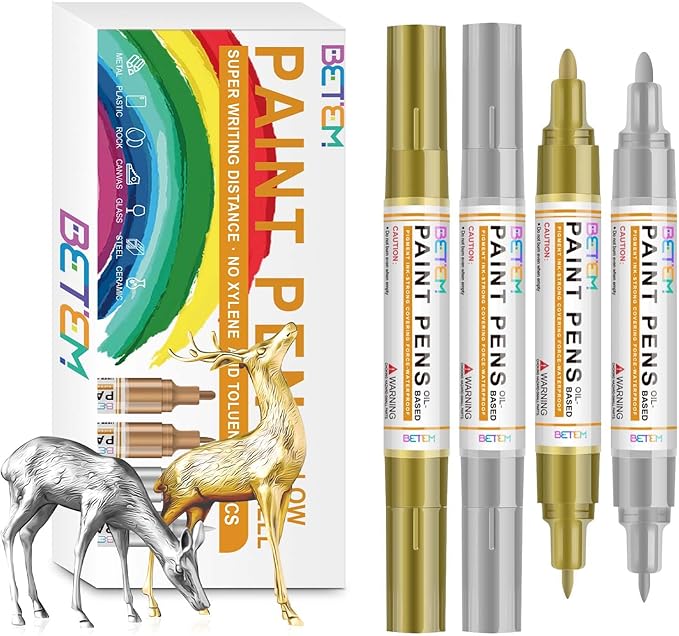 Betem Oil Based Paint Markers, Dual Tip Paint Pens(0.7mm & 3mm), Gold Silver Permanent Paint Marker Pen, Waterproof, Quick Dry, for Fabric, Rock Painting, Wood, Plastic, Metal, Canvas (2Gold2Silver)