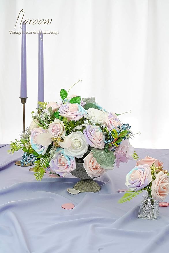 Floroom Artificial Flowers 25pcs Real Looking Whimsical Blush Foam Fake Roses with Stems for DIY Wedding Bouquets Baby Shower Centerpieces Floral Arrangements Party Tables Home Decorations