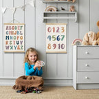 2-Pack Alphabet and Number Posters for Kids,Modern ABC and 0-10 Wall Chart Set on Natural Linen,Educational Decor for Toddlers, Preschool Classroom, Nursery, Playroom 14x18.5In (ABC+123)
