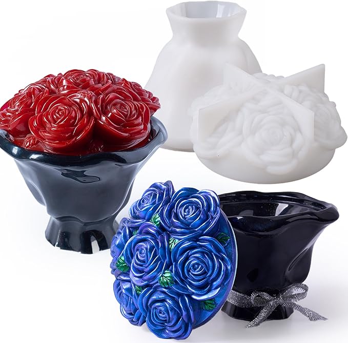 Epoxy Resin Storage Box Silicone Molds A Bouquet of Roses Jar with Lid DIY Jewelry Trinket Candy Container Silicone Mould Epoxy Concrete Cement Plaster Planter Candle Vessel Craft Molds
