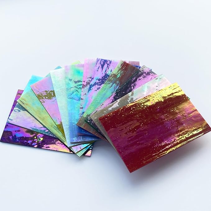 ILLUCKAI12 Sheets Iridescent Stained Glass Sheet, 4 x 6 inch Rainbow Iridized Glass Mosaic Tiles for Crafts, Stained Glass Supplies for Art Glass Projects and Mosaics