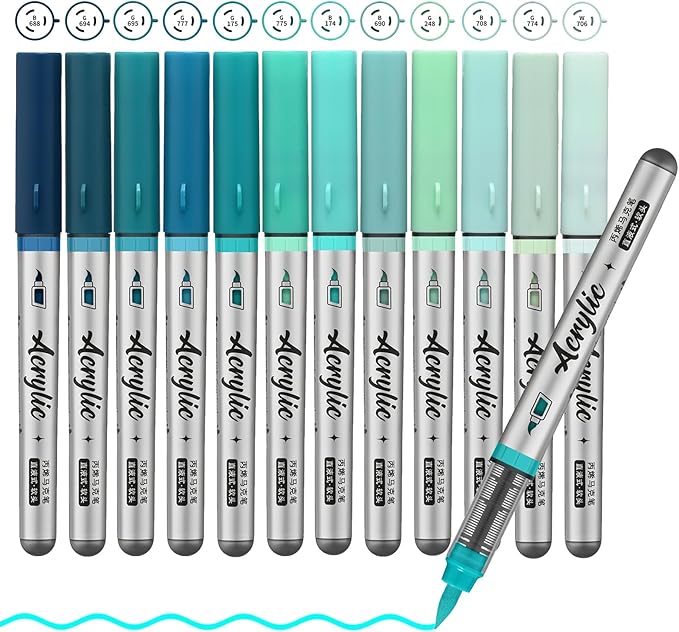 Mint Green Acrylic Paint Pens,12 Color Paint Pens Markers,Brush Tip Paint Pens for Rock Painting Wood Glass Ceramic Canvas Stone DIY Crafts Making Art Supplies
