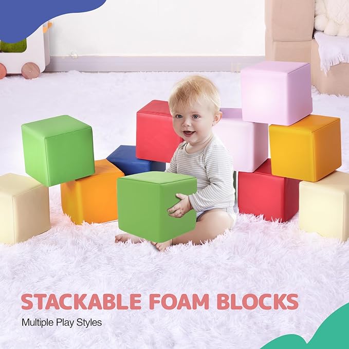 Foam Building Blocks for Kids: 12-Pieces PU Leather Colorful Foam Blocks - Building Toys for Toddler - Giant Stacking Blocks Toys - Soft Indoor Playset for Birthday Gift Preschool Learning (Classic)
