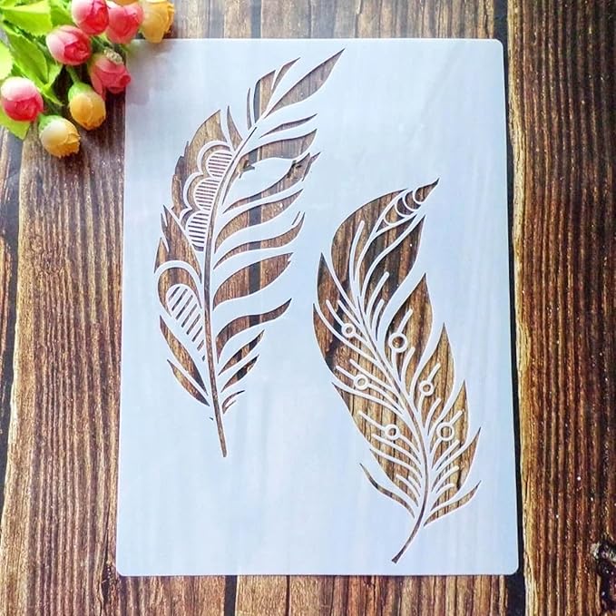 TIAMECH A4 Reusable Two Feathers Stencil for Painting - Bird Feather Layering Template, DIY Wall Art, Wood Furniture, Scrapbook & Crafts (8.3x11.7inch)
