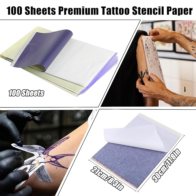 100 Sheets Tattoo Transfer Paper A4 Size Professional Thermal Stencil Paper for Artists, Dual Use with Copier or Hand Drawing, Cut-to-Fit Design