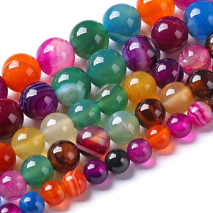 10MM Natural Stone Colorful Stripe Agate Energy Healing Beads Round Loose Beads for Jewelry Making Bracelet 72pcs 2 Strands 32"