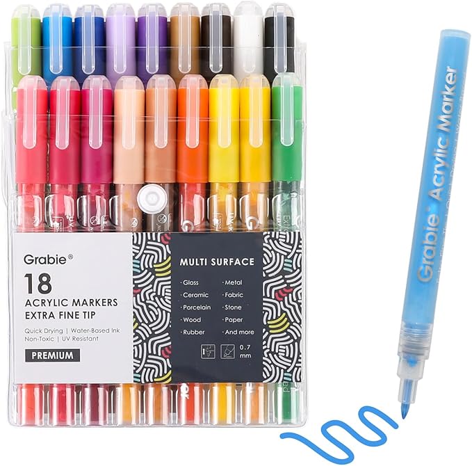 Grabie Acrylic Paint Pens Markers, 18 Colors, 0.7 mm, Extra Fine Tip Drawing Markers, Premium Paint Pens for Painting on Various Surface, Art Supplies